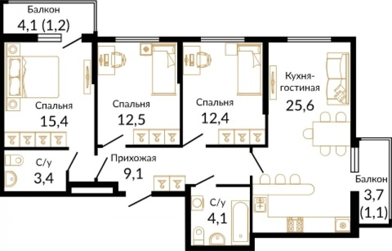 Планировка квартиры 3-комнатная